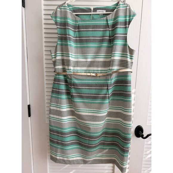 Calvin Klein 16W Sheath Dress Green Gray Stripe Belted Knee Length Lined Career - Picture 1 of 10